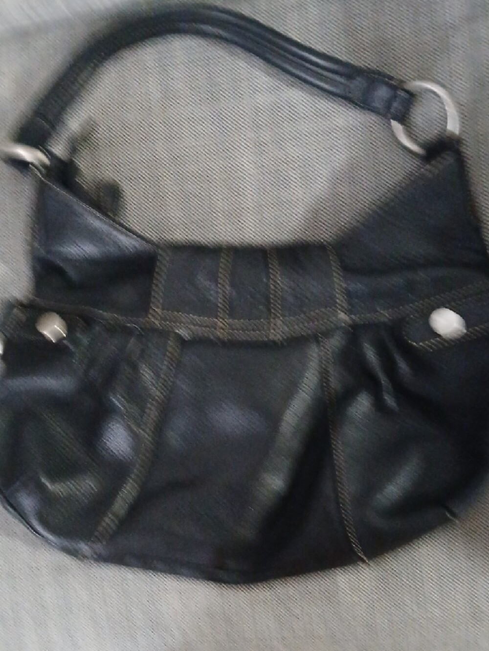 Black Shoulder Hobo Bag with Silver Ring Accent - Picture 3 of 14